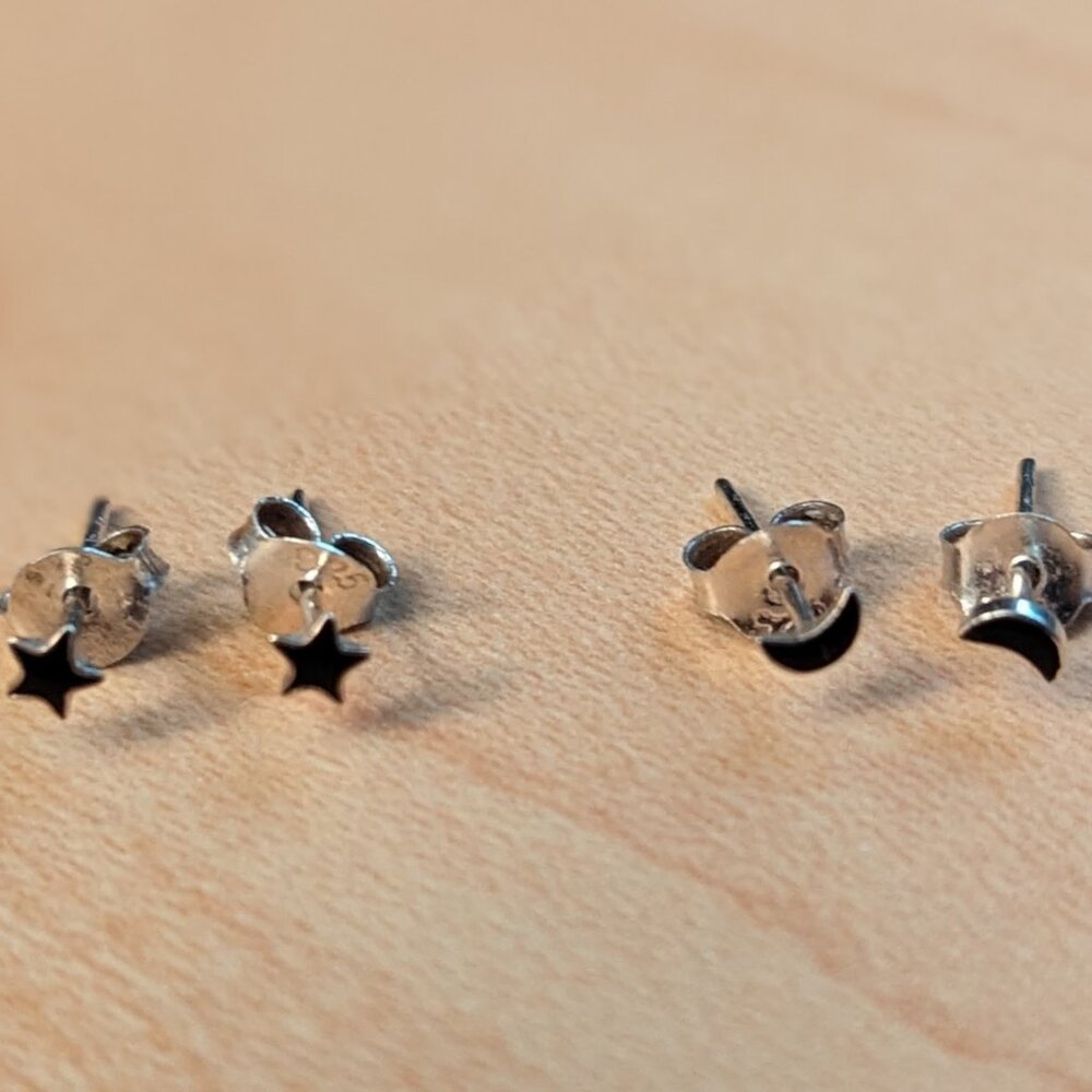 Moon and Star Sterling Silver Stud Earrings (2 pairs) ⭐🌙